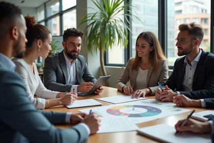 Groupe de professionnels en réunion dans un bureau lumineux