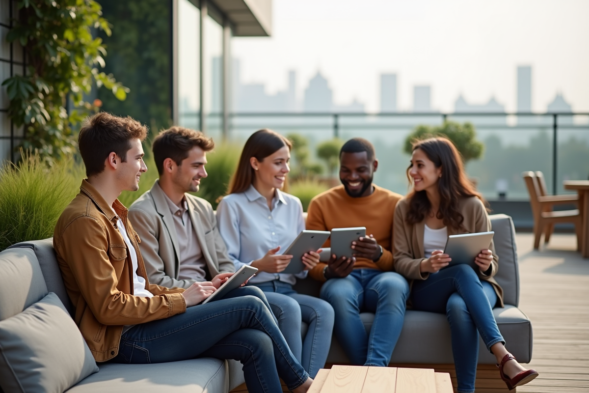 Groupe diversifié de jeunes adultes discutant en extérieur