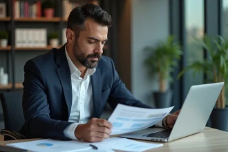 Entrepreneur consultant analysant sa fiche entreprise sur societe.com avec des documents professionnels