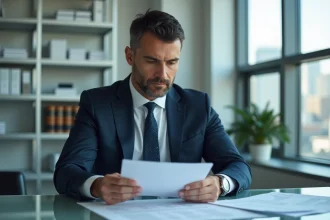 Homme d'affaires en costume navy examine des documents officiels