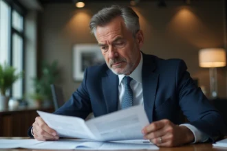 Homme d'affaires en costume bleu examine des rapports financiers