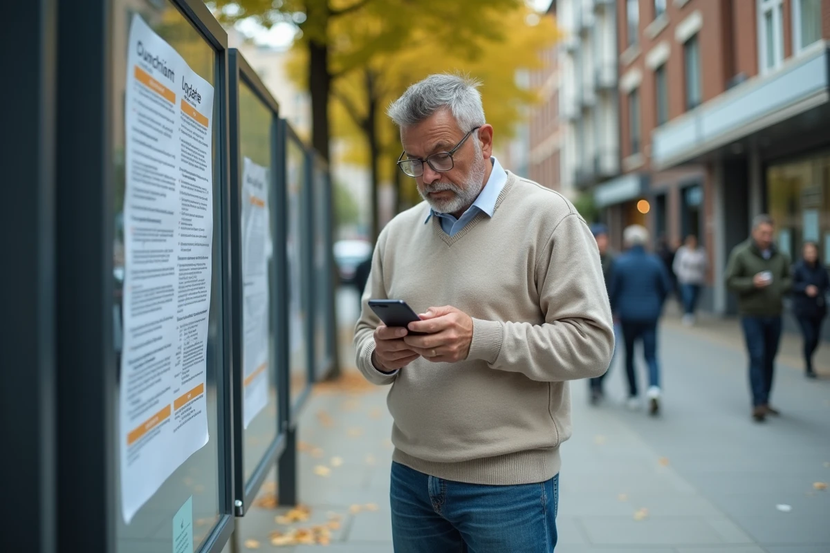 Homme lisant une affiche sur un panneau d