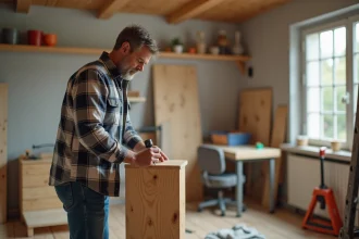 Homme d'âge moyen assemble un meuble dans un atelier lumineux