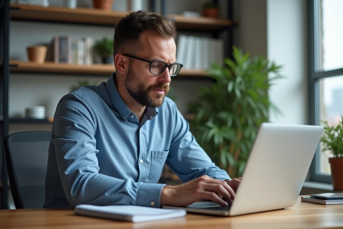 Homme d'affaires lisant des avis en ligne dans son bureau