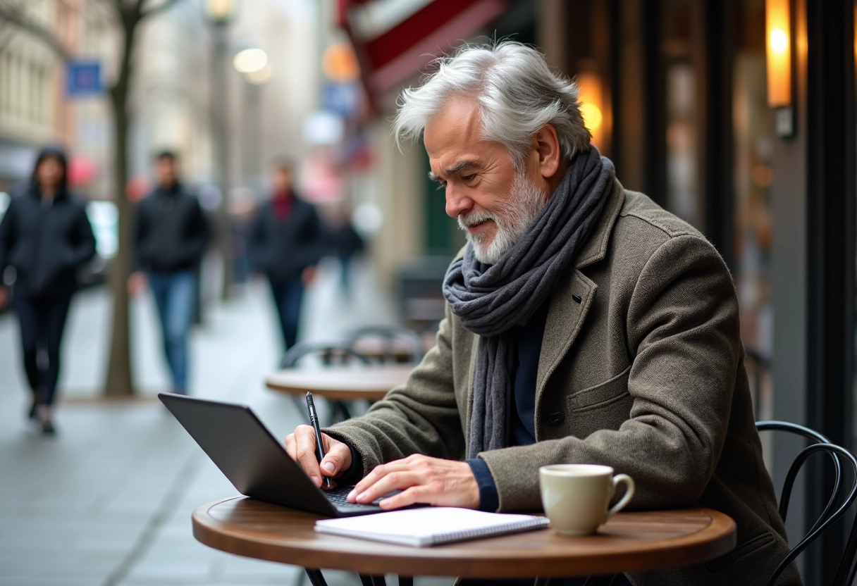 Homme lisant sur une terrasse de café en ville