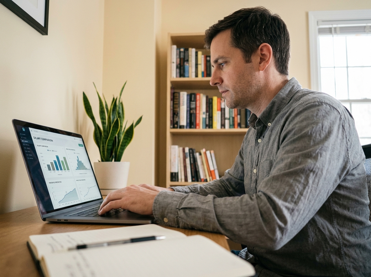 Homme consultant un outil de comparaison de salaires sur ordinateur portable depuis son bureau à domicile