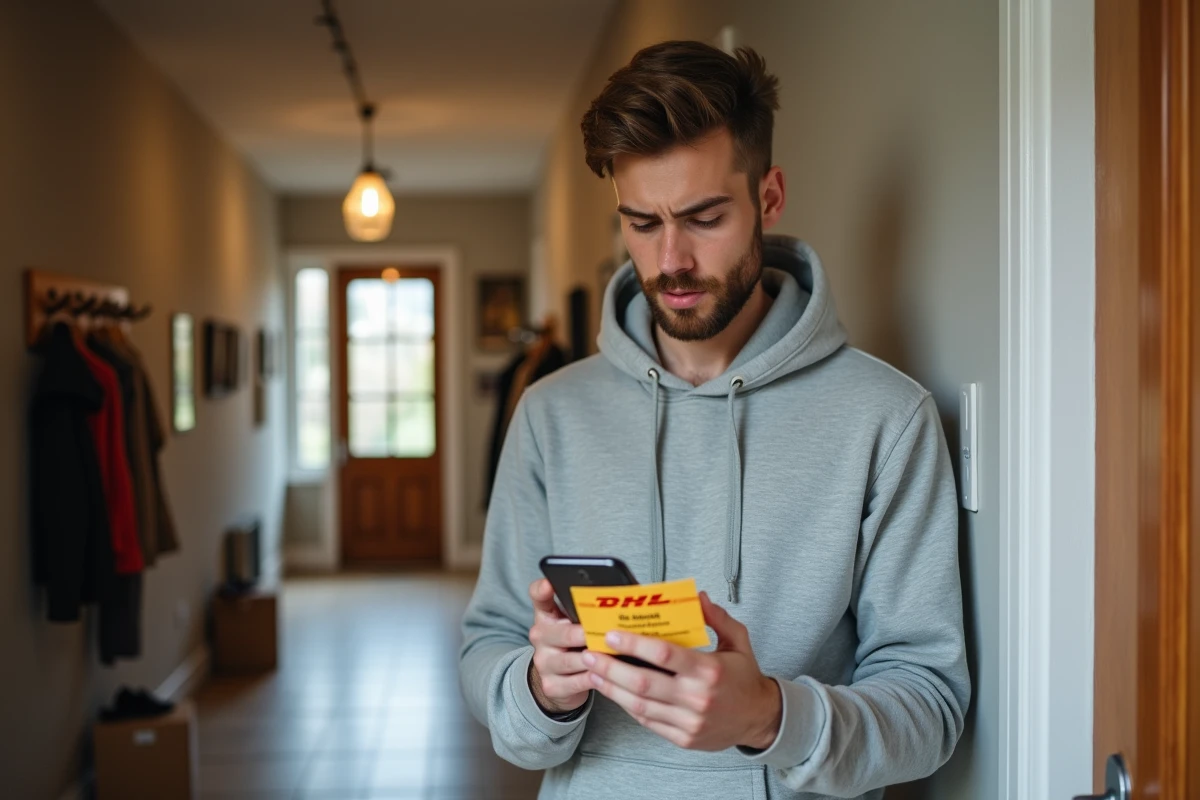 Jeune homme consultant le numéro DHL sur son téléphone après réception d'un avis de passage