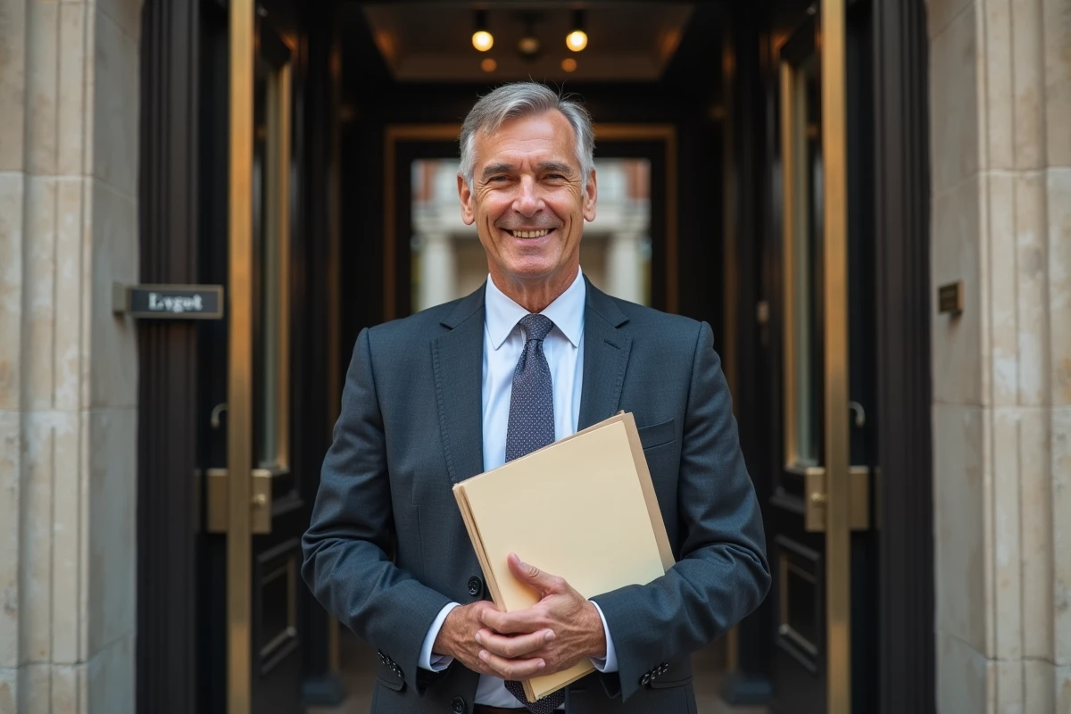 Homme d age devant un bâtiment officiel en ville