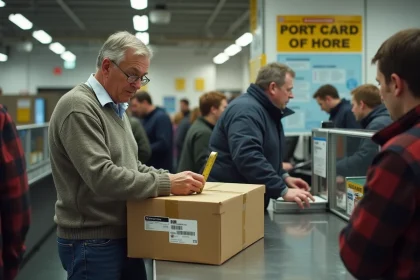 Homme mesurant un colis au bureau de poste