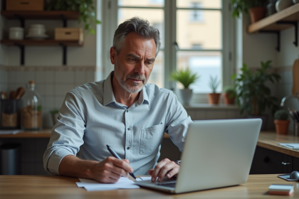 Homme français en réflexion avec documents et envelope Pôle Emploi