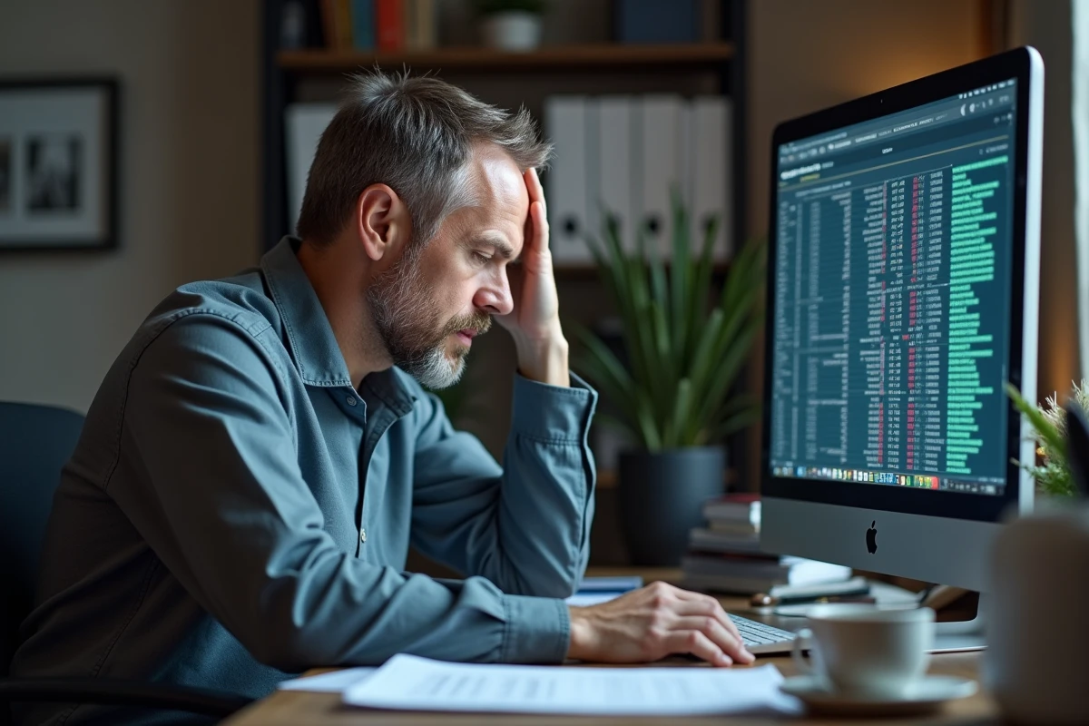 Homme d age moyen frustré devant un ordinateur
