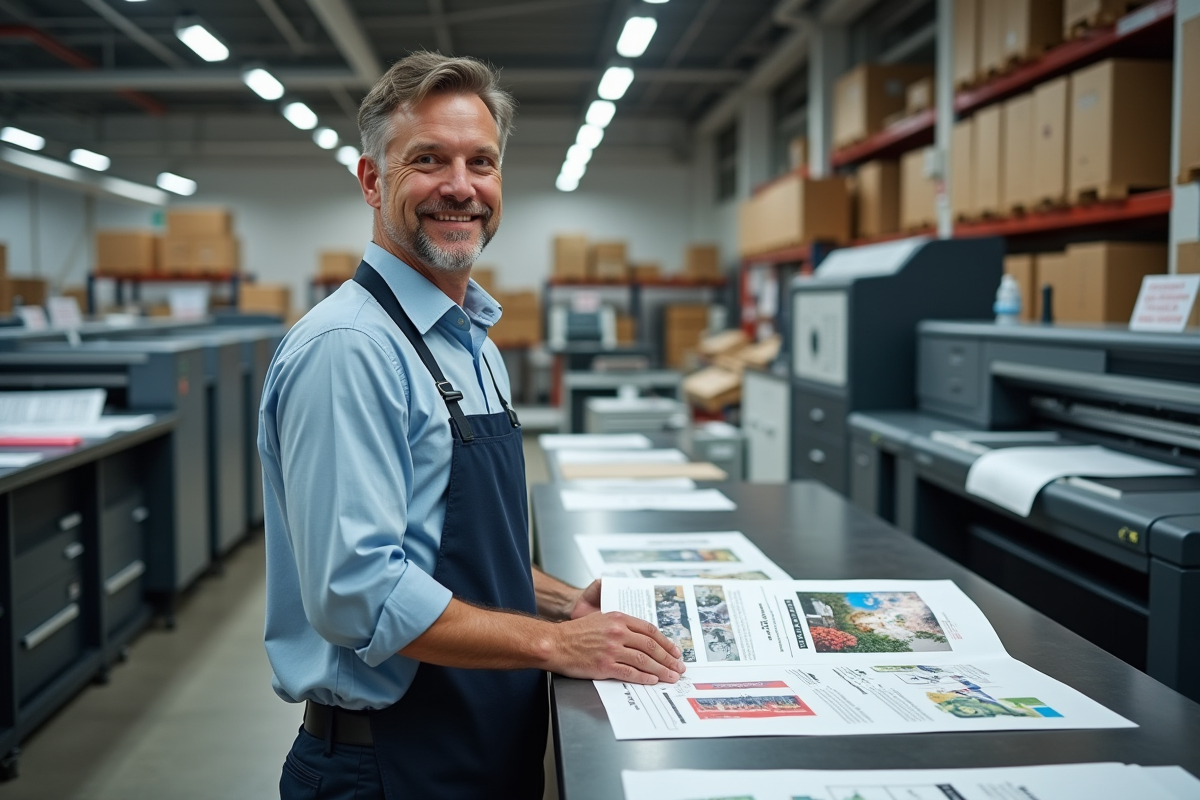 Homme d affaires souriant avec posters dans un atelier d impression