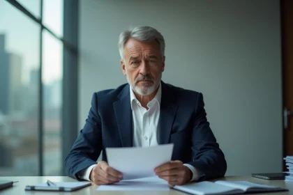 Homme d'&acirc;ge moyen en costume tenant une lettre de licenciement