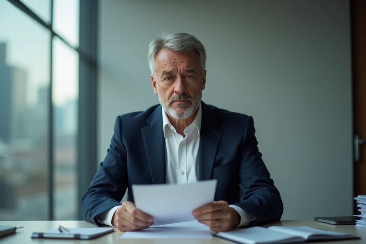 Homme d'âge moyen en costume tenant une lettre de licenciement
