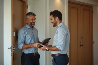 Homme d'âge moyen accueillant un livreur dans son appartement