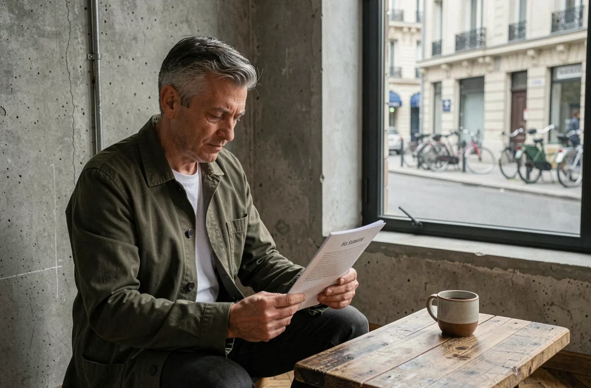 Homme travaillant seul dans un coin lounge chaleureux d'un espace de coworking à Pantin avec vue sur la rue