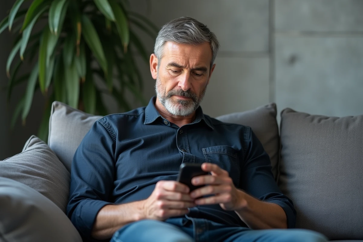 Homme recherchant le numéro de téléphone de Backmarket sur son smartphone dans son salon