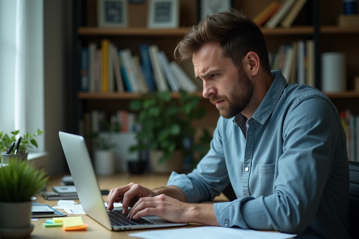Homme en télétravail rédigeant un email d'absence à son employeur depuis son bureau à domicile