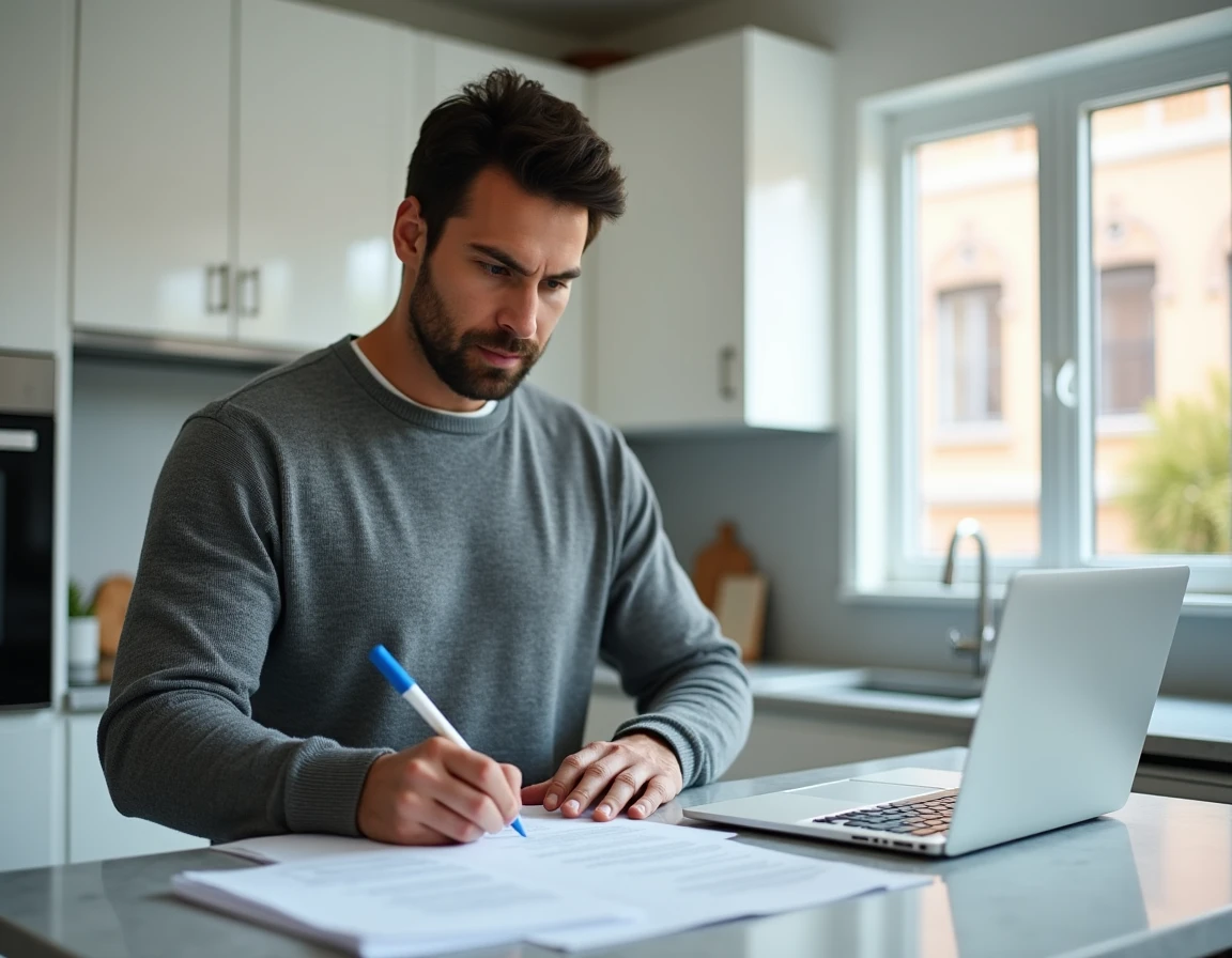 Homme rédigeant une lettre de rétractation manuscrite à côté d'un devis signé et d'un ordinateur portable dans une cuisine moderne