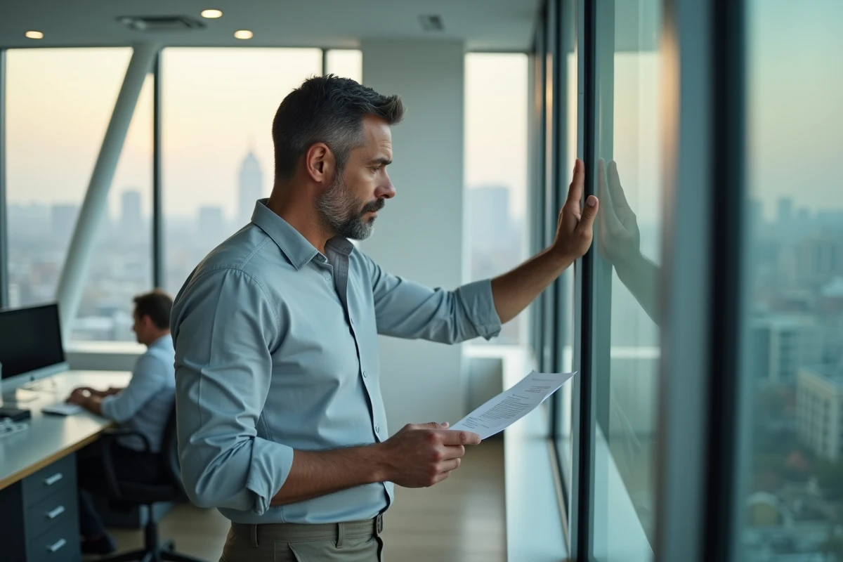 Homme en chemise relisant sa lettre de démission près d'une fenêtre de bureau avec vue urbaine
