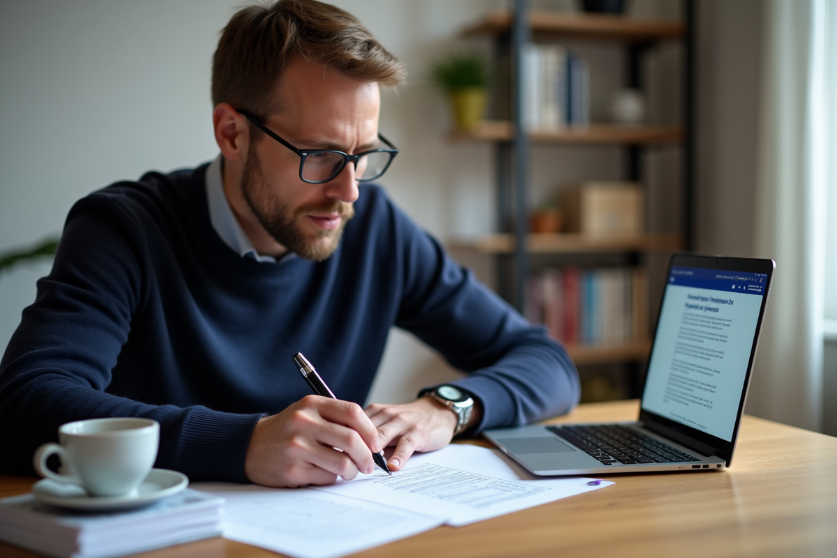 Homme remplissant un formulaire CERFA dans un appartement lumineux