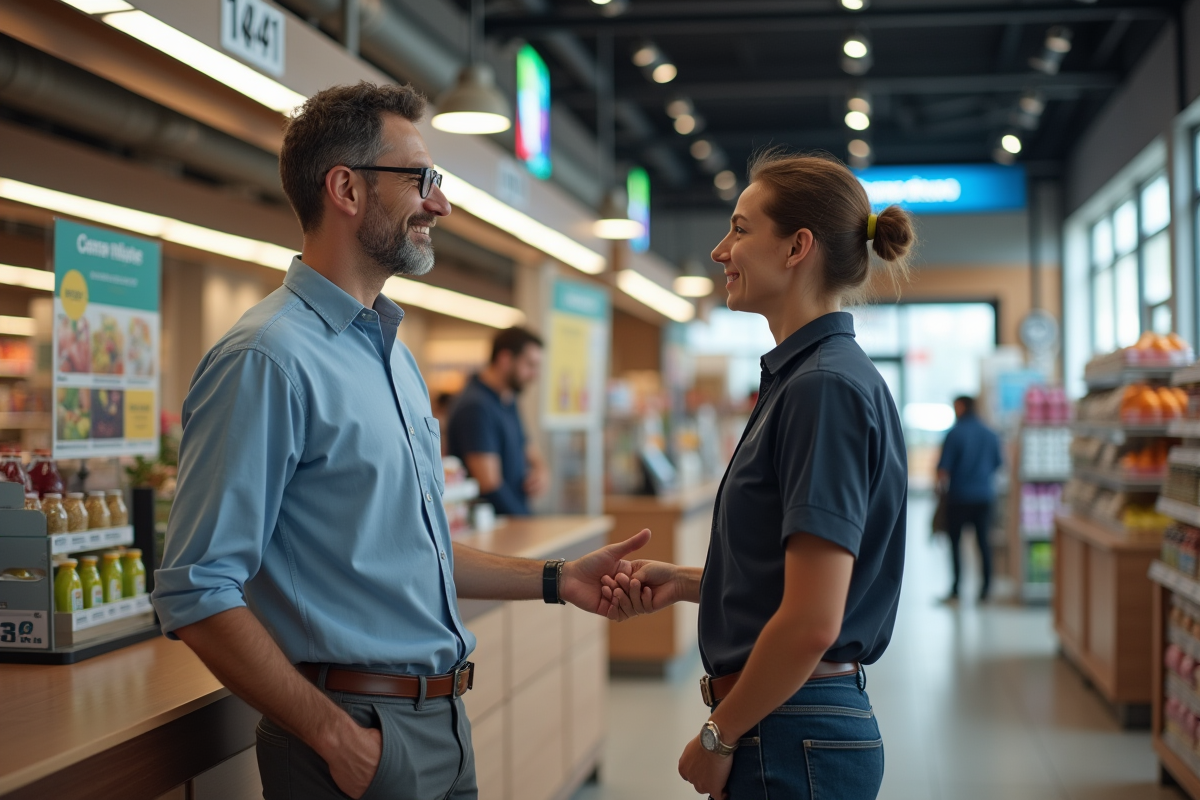 Homme discutant avec un employé au comptoir Carrefour en magasin