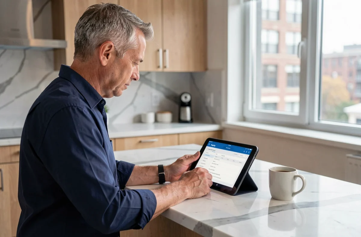 Homme utilisant une tablette à domicile pour accéder à ses bulletins de paie numériques sécurisés