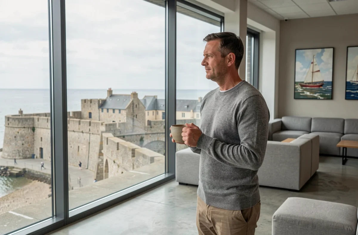 Homme en télétravail contemplant les remparts de Saint-Malo depuis un espace de coworking moderne avec grande baie vitrée