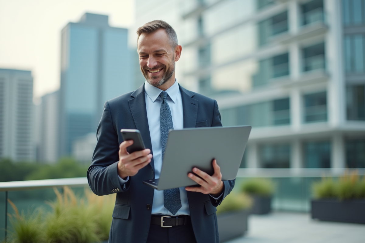 Homme d affaires vérifiant ses analyses en extérieur