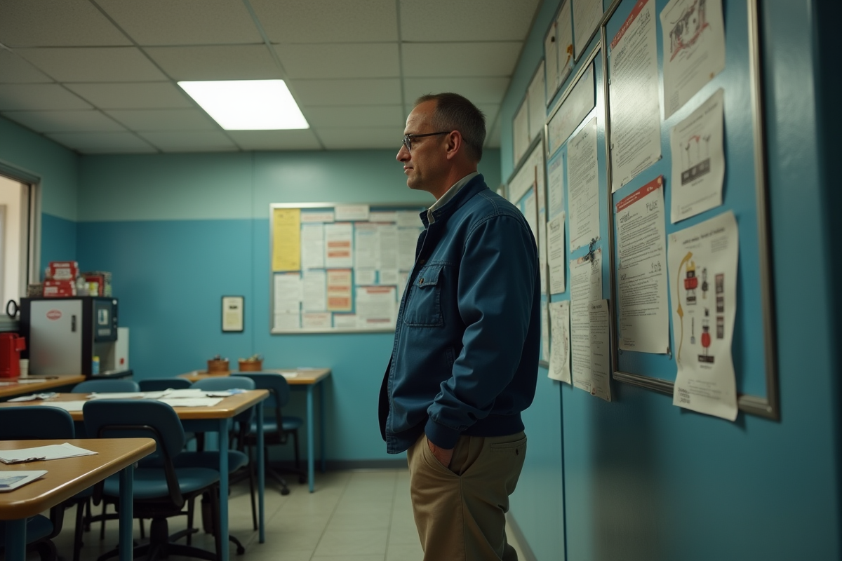 Homme vérifiant un emploi du temps dans une salle de pause