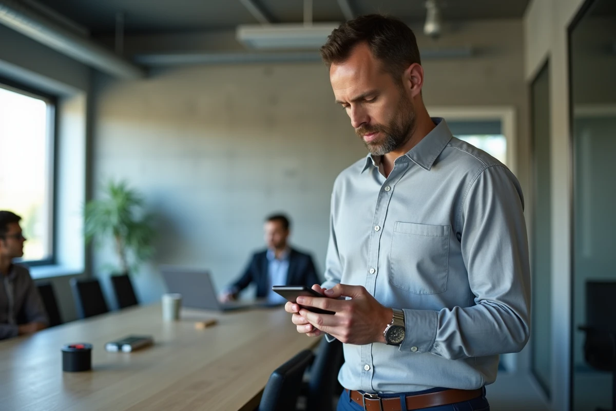 Homme v&eacute;rifiant les r&eacute;glages de s&eacute;curit&eacute; sur son smartphone