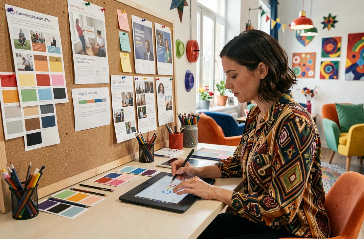 Directrice artistique de l'agence Imaginactif créant des visuels pour des campagnes Google Ads dans un studio créatif coloré