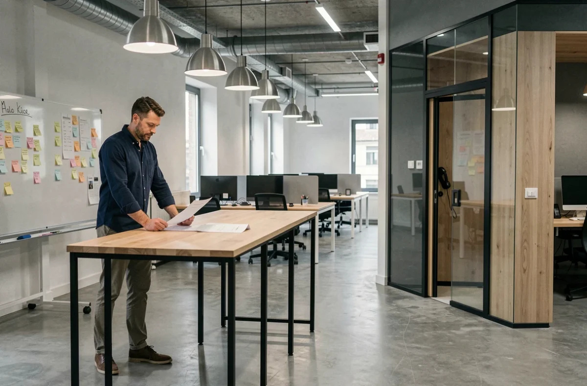 Indépendant masculin debout dans un grand espace de coworking à Metz, consultant des documents près d'une table haute en bois