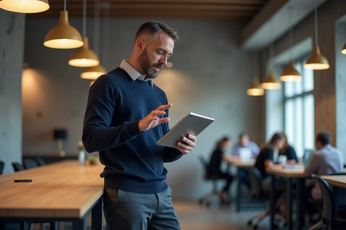 Infopreneur masculin présentant une stratégie de contenu digital dans un espace de coworking contemporain