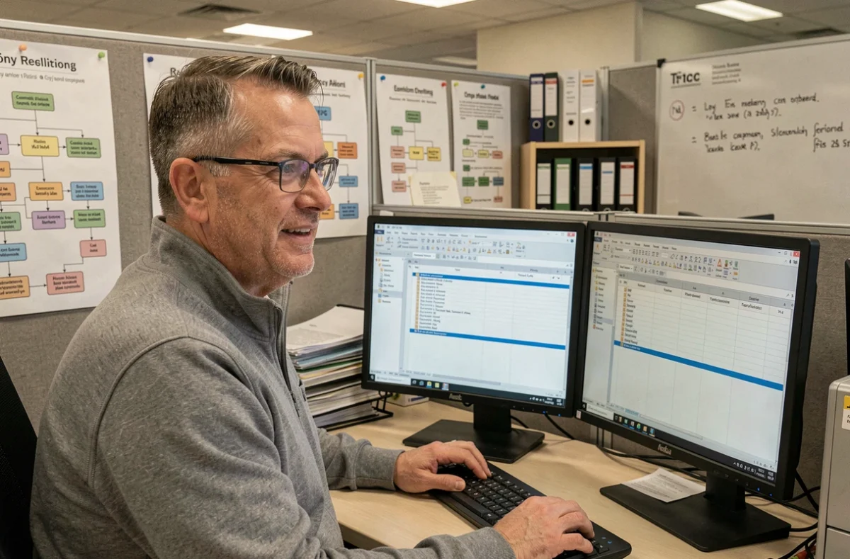 Ingénieur produit travaillant sur un logiciel CAO et une checklist de conformité pour un Technical Construction File dans un bureau d'ingénierie