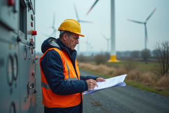 Ingénieur en veste de travail près d'une éolienne