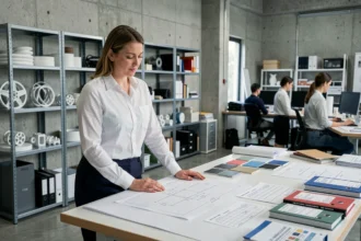 Ingénieure analysant un dossier de construction technique sur une table de conception produit dans un studio industriel moderne