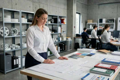 Ingénieure analysant un dossier de construction technique sur une table de conception produit dans un studio industriel moderne