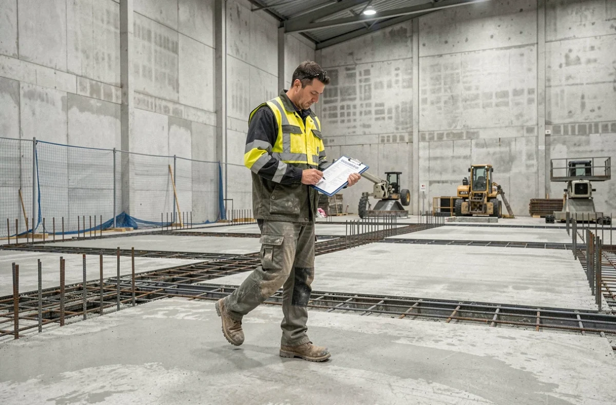 Contremaître BTP effectuant une inspection qualité sur une dalle béton avec presse-papiers dans un grand chantier de construction
