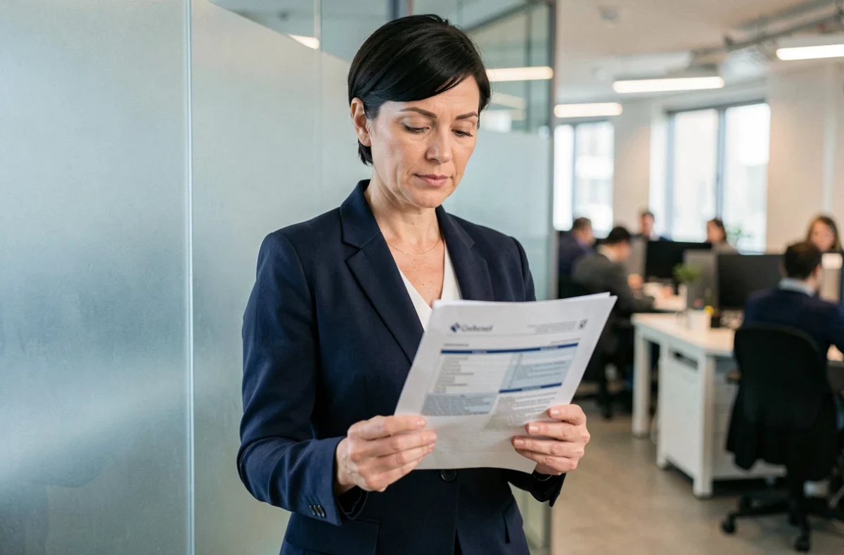 Femme analyste tenant un rapport d'audit numérique dans un bureau moderne, évoquant l'investigation sur une identité de marque ou un pseudonyme suspect sur internet