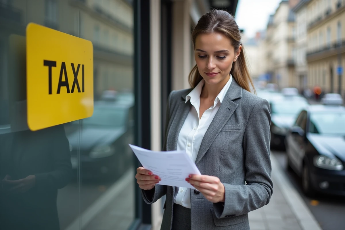 Femme professionnelle tenant une estimation financière devant une agence de licence taxi, évaluant l'investissement dans une licence taxi en 2026