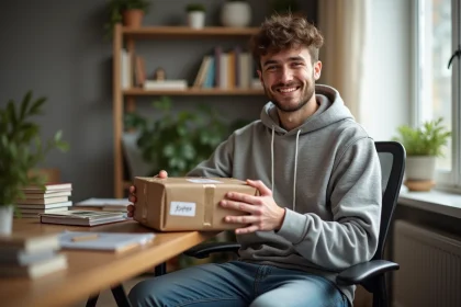 Jeune &eacute;tudiant recevant un colis dans son appartement