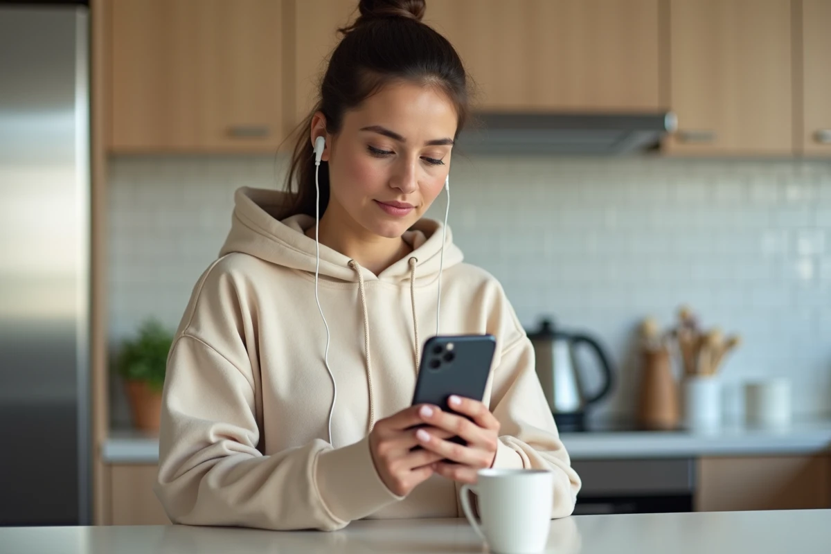 Jeune femme attendant la réponse du conseiller Backmarket avec des écouteurs dans une cuisine moderne