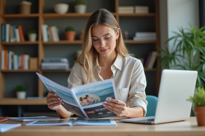 Jeune femme examine des brochures dans un bureau moderne