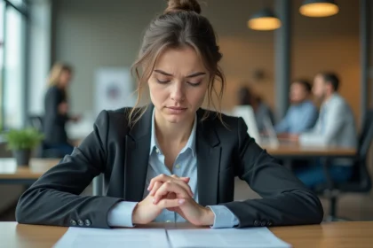 Jeune femme en blazer au bureau avec nervosite