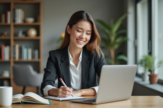 Jeune femme professionnelle travaillant à son bureau lumineux