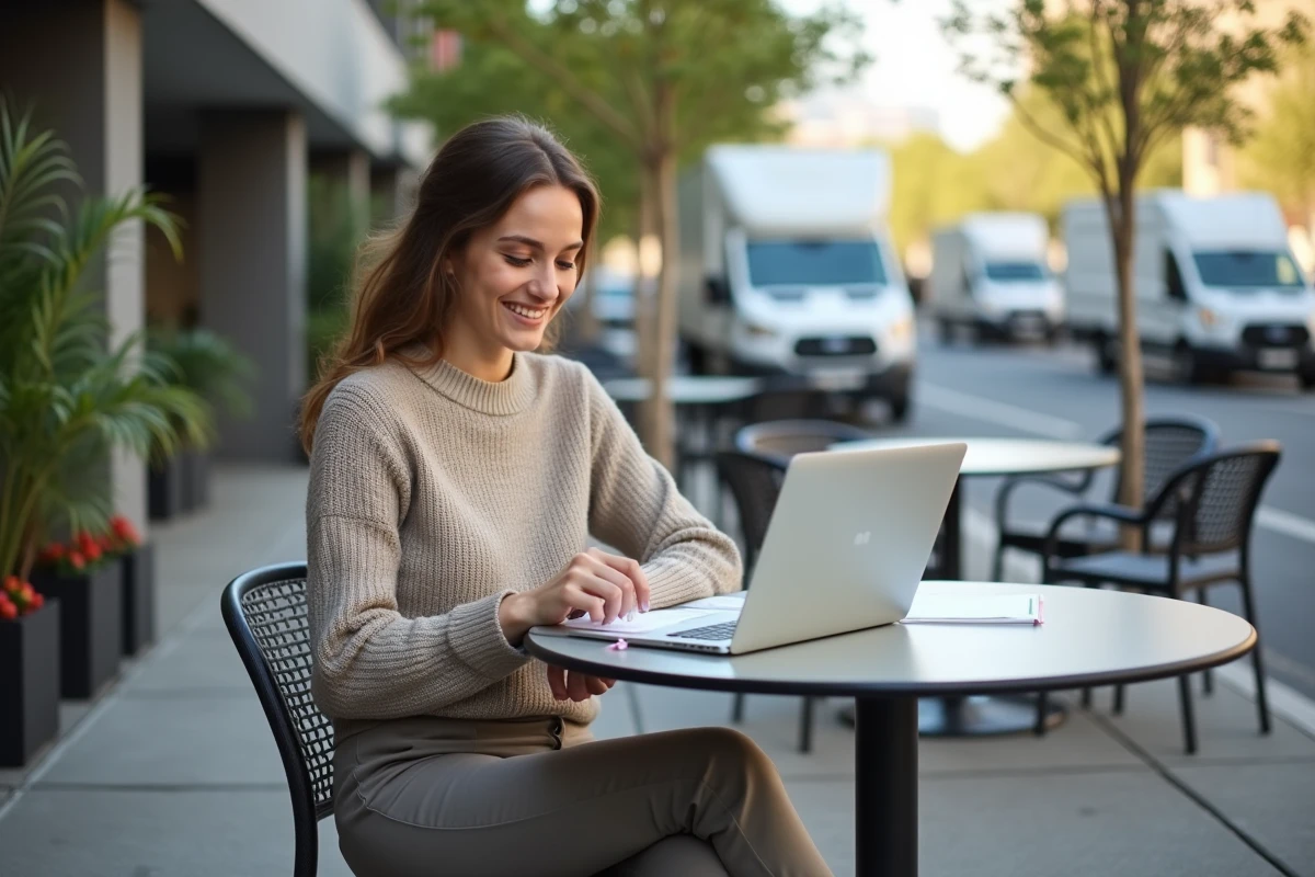 Jeune femme travaillant dehors avec un ordinateur portable