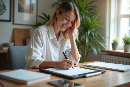 Jeune femme souriante créant un poster sur tablette dans un bureau lumineux