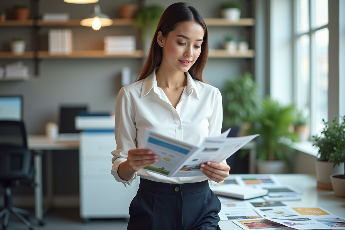 Jeune femme professionnelle examine des flyers dans un bureau lumineux