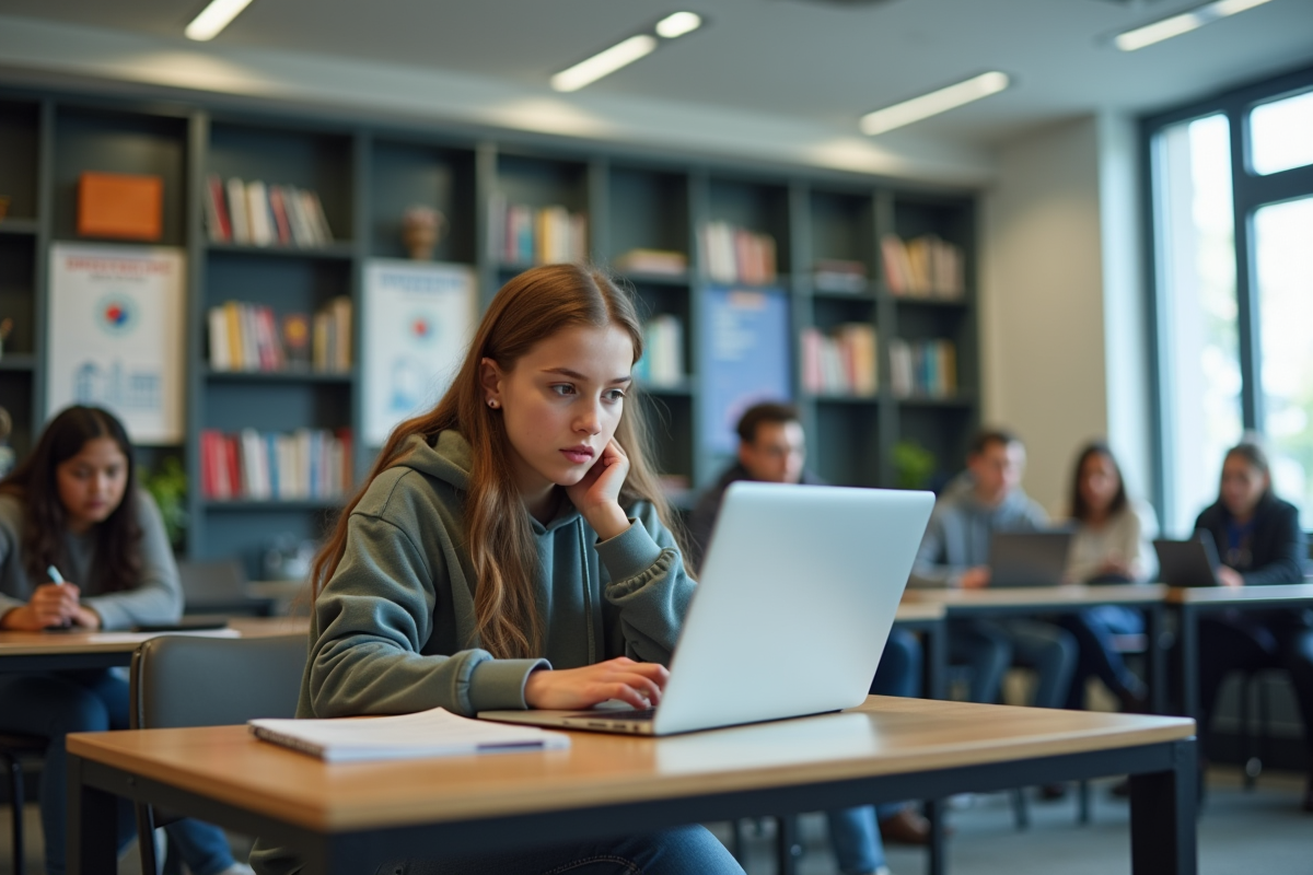 Jeune fille en hoodie travaillant sur un ordinateur en classe